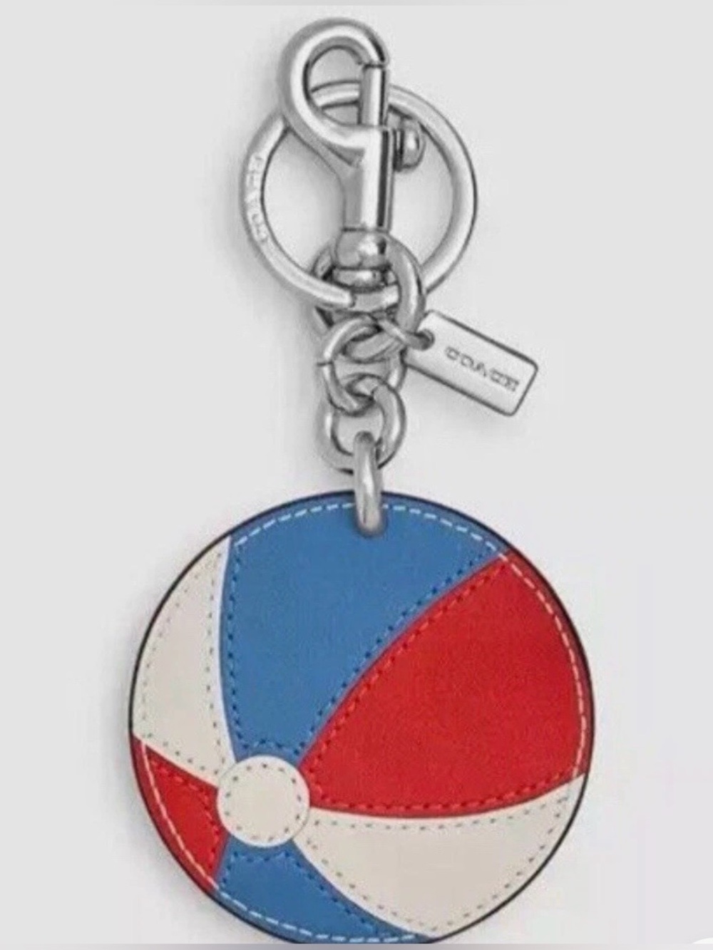 Coach Beach  ball red , cream  & blue  Leather Keyring with Silver Hardware